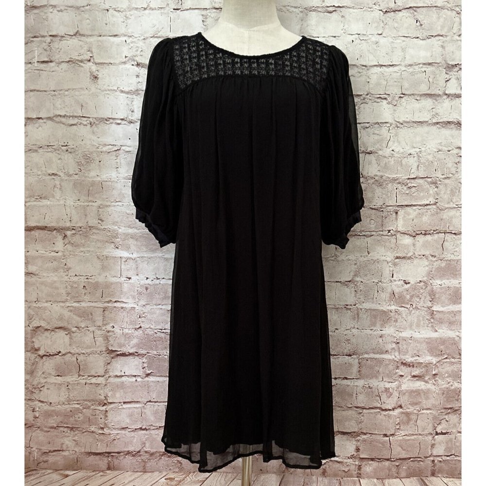 Magali Pascal Womens M Black Puff-Sleeve Babydoll Shift Dress Silk Blend Sheer